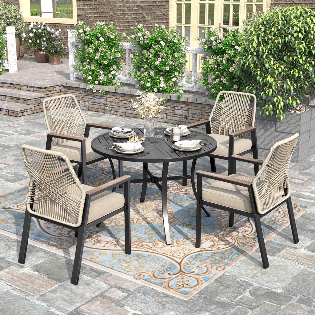 5 Pieces Patio Dining Set, 4 x Woven Rattan Dining Chairs with Cushions, 42" Metal Round Dining Table, Patio Table and Chairs Set for Lawn Garden Backyard Deck