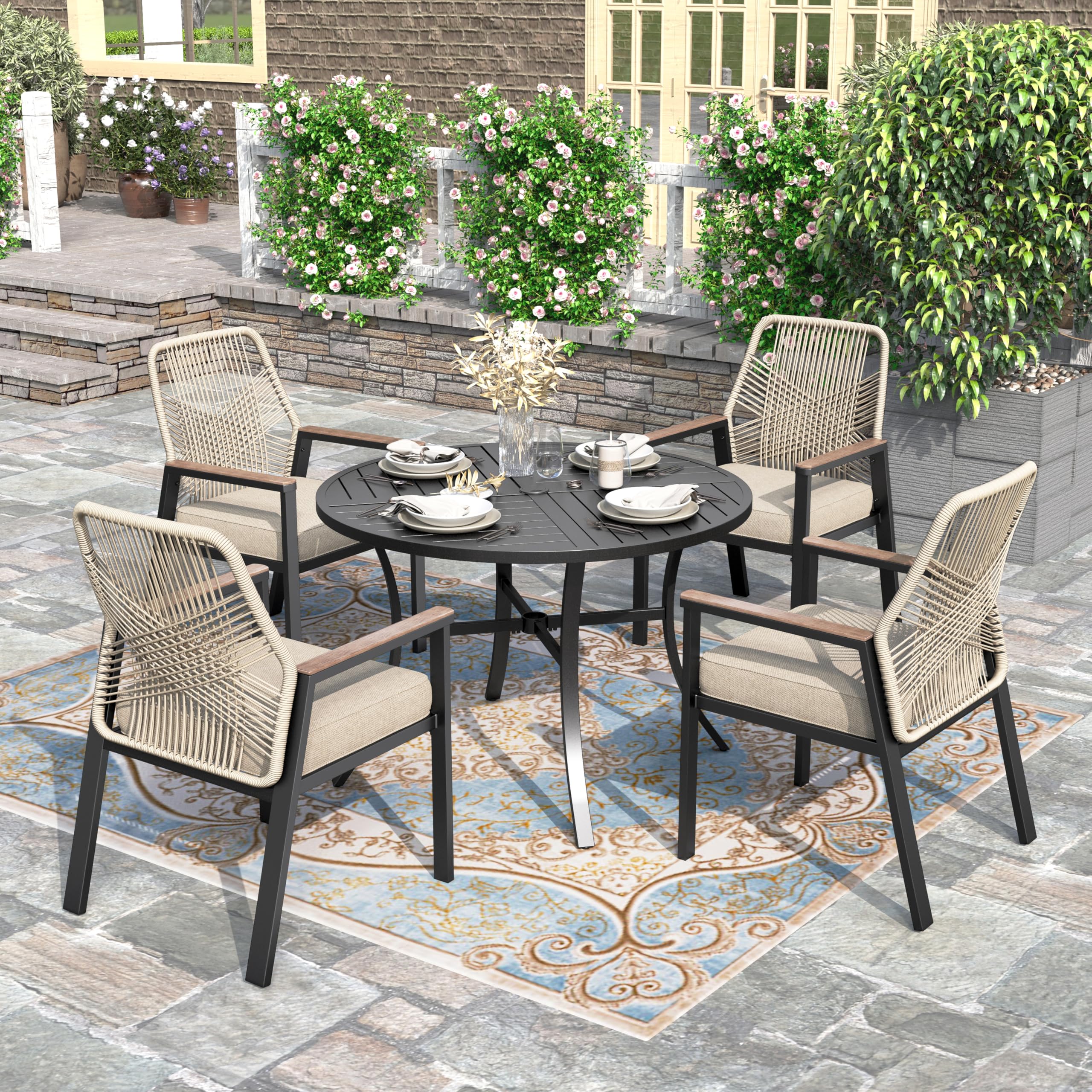 5 Pieces Patio Dining Set, 4 x Woven Rattan Dining Chairs with Cushions, 42" Metal Round Dining Table, Patio Table and Chairs Set for Lawn Garden Backyard Deck