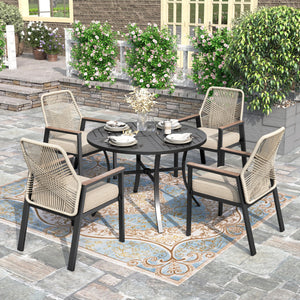5 Pieces Patio Dining Set, 4 x Woven Rattan Dining Chairs with Cushions, 42