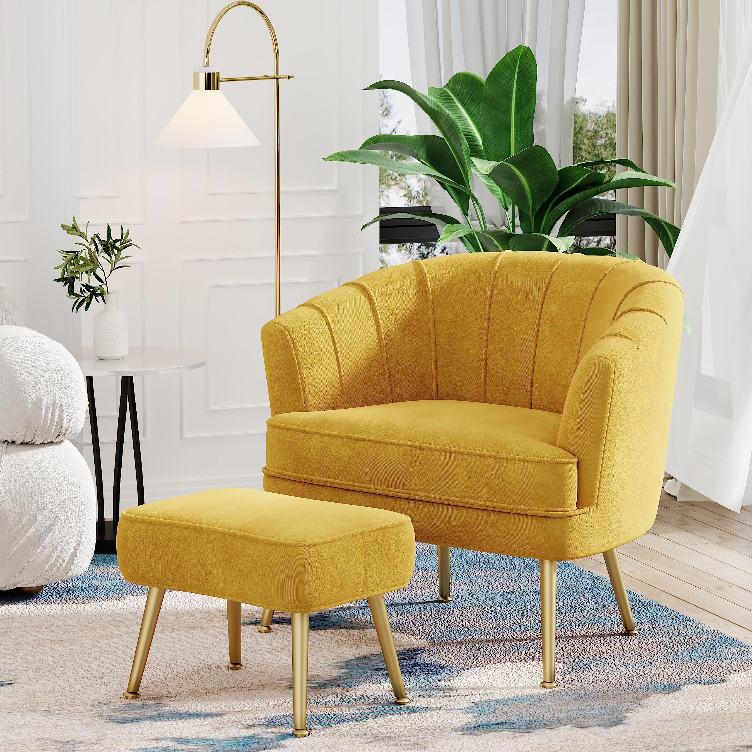 Velvet Accent Chair with Ottoman, Upholstered Modern Single Sofa Side Chair,Comfy Barrel Club Living Room Armchair with Golden Metal Legs for Bedroom Living Reading Room Office, Yellow