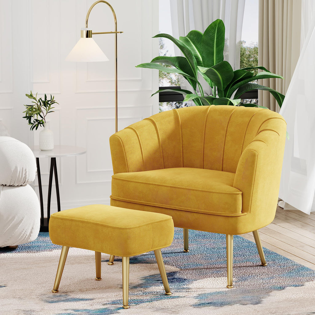 Velvet Accent Chair with Ottoman, Upholstered Modern Single Sofa Side Chair,Comfy Barrel Club Living Room Armchair with Golden Metal Legs for Bedroom Living Reading Room Office, Yellow