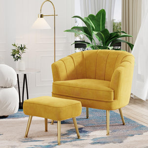 Velvet Accent Chair with Ottoman, Upholstered Modern Single Sofa Side Chair,Comfy Barrel Club Living Room Armchair with Golden Metal Legs for Bedroom Living Reading Room Office, Yellow