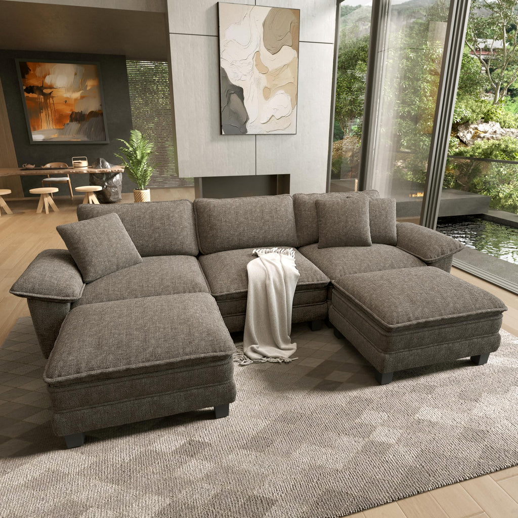 124" Modular Sectional Sofa, Oversized U Shaped Couches for Living Room, Comfy Cloud Couch with Ottoman, 5-Seater Deep Seat Sofa with Throw Pillow, Chenille Ash