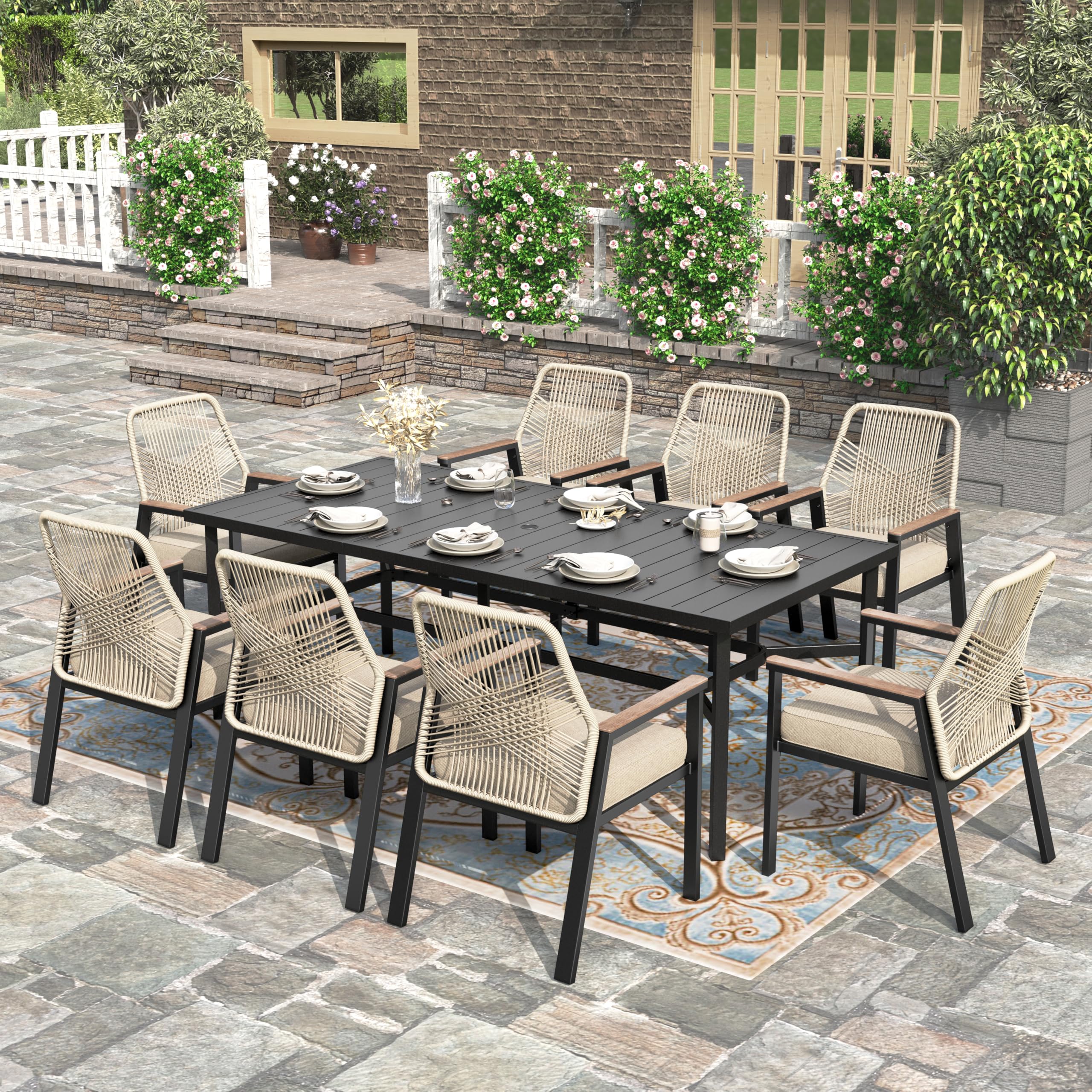 9 Pieces Outdoor Dining Set, Patio Table and Chairs for 8, 8 x Cushioned Rattan Patio Chairs and 1 x 83 Large Rectangle Dining Table, Outdoor Dining Table Set for Lawn Garden