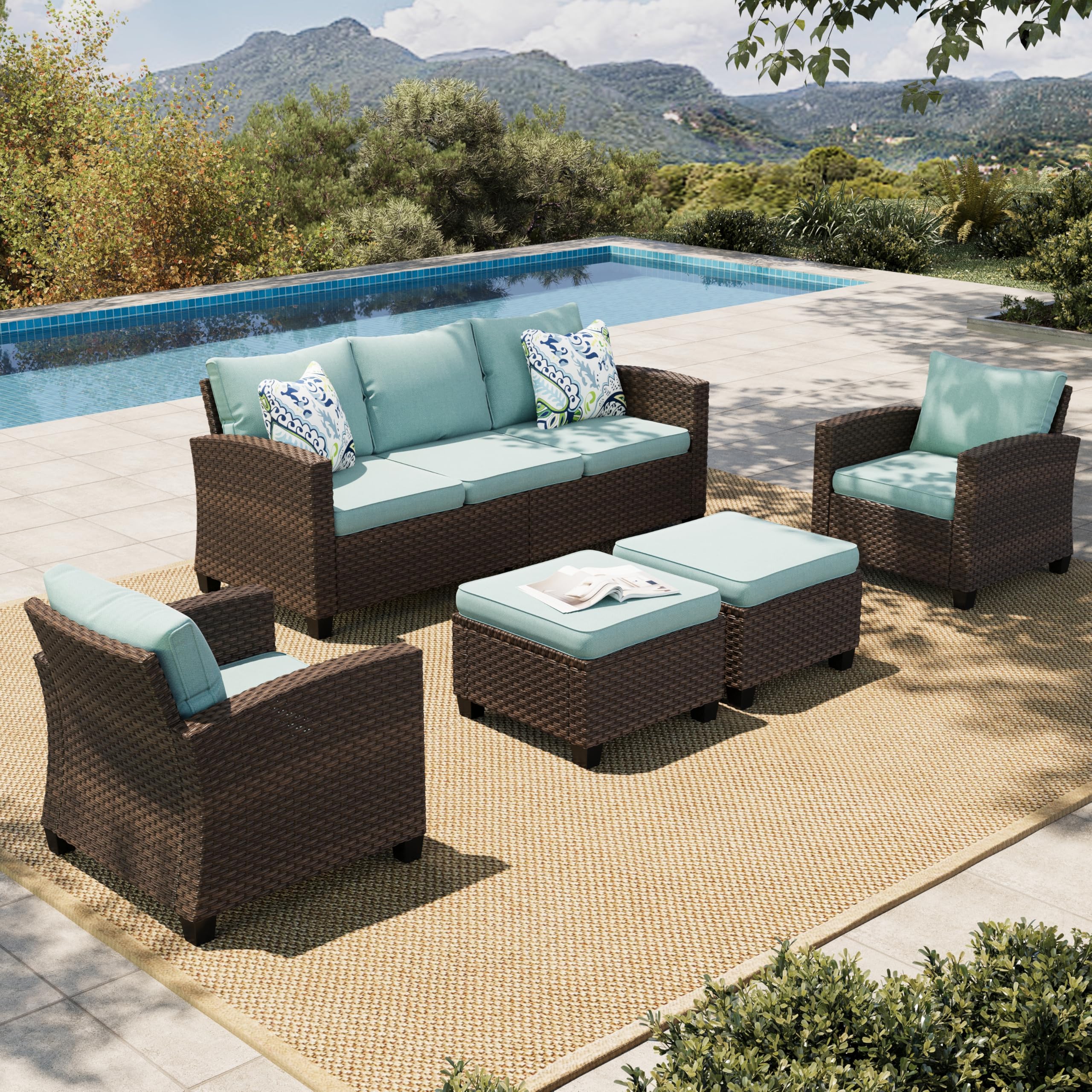 Wicker Patio Furniture Set, 5 Pieces Outdoor Furniture Set, Deep Seating Patio Conversation Sofa Sets for Lawn Deck Backyard, Blue