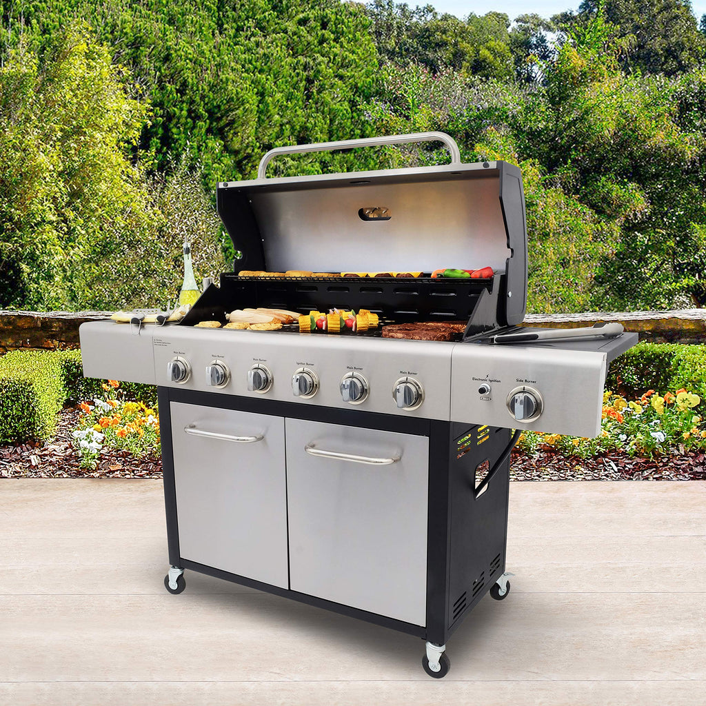 6-Burner Propane Gas BBQ Grill with Side Burner, 73,000 BTUs, Stainless Steel Cabinet Grill with Cast Iron Grates for Outdoor Cooking, Backyard BBQ, Patio, Large Parties