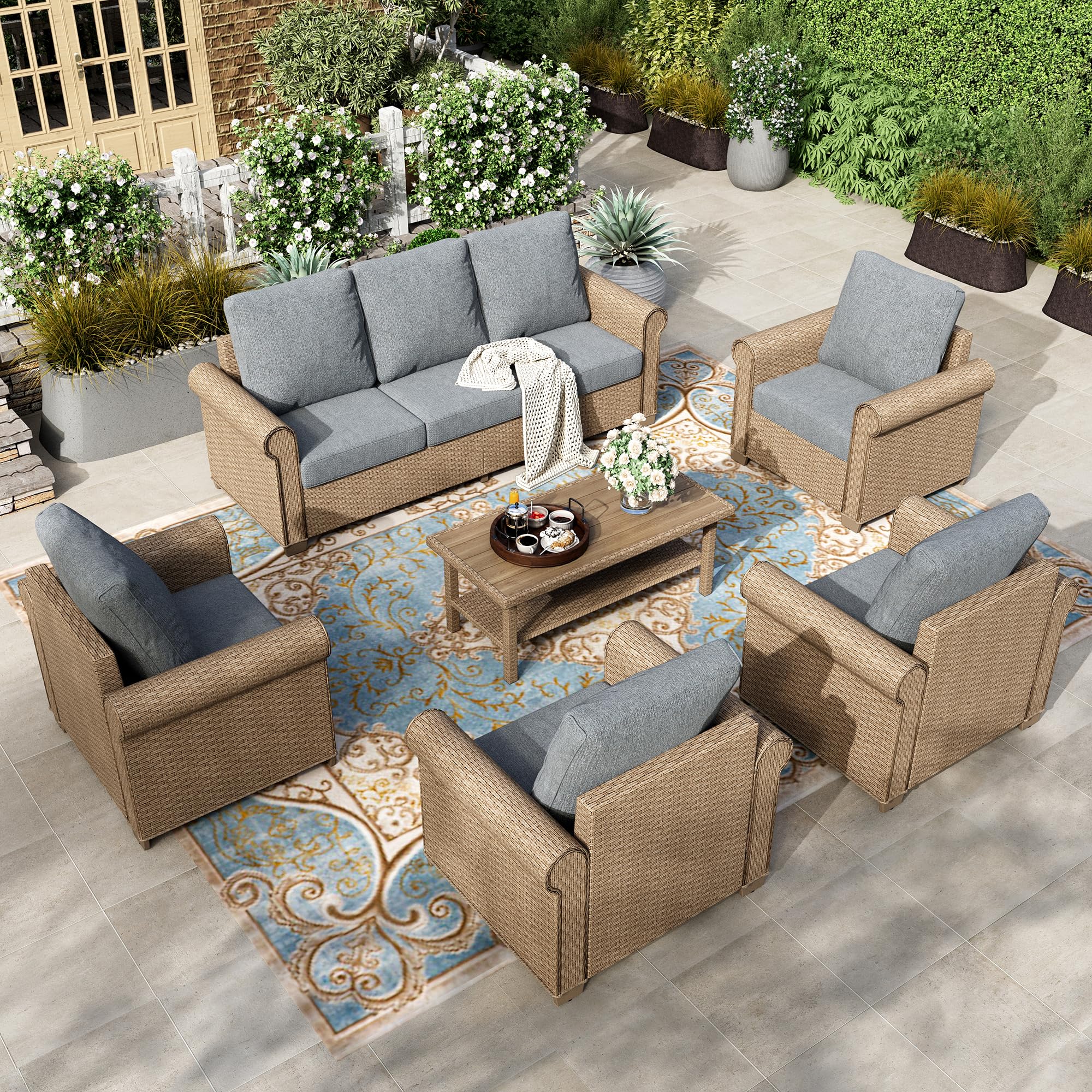 6-Piece Patio Furniture Set, All Weather 7 Seats Outdoor Wicker Sofa with 44