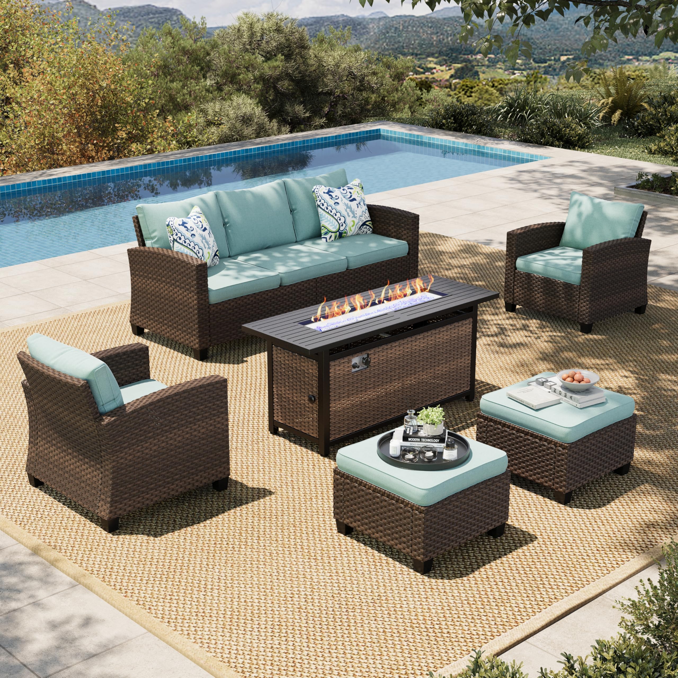 Patio Furniture Set with Fire Pit, 6 Pieces Outdoor Wicker Furniture, All Weather Patio Conversation Sets with Thick Cushions for Lawn Backyard, Brown/Blue