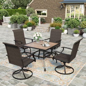 5 Pieces Patio Dining Set, Outdoor Dining Set for 4, 4 x Swivel Rattan Dining Chair, 1 x 37” Square Wood Like Dining Table, for Lawn Garden Backyard Deck