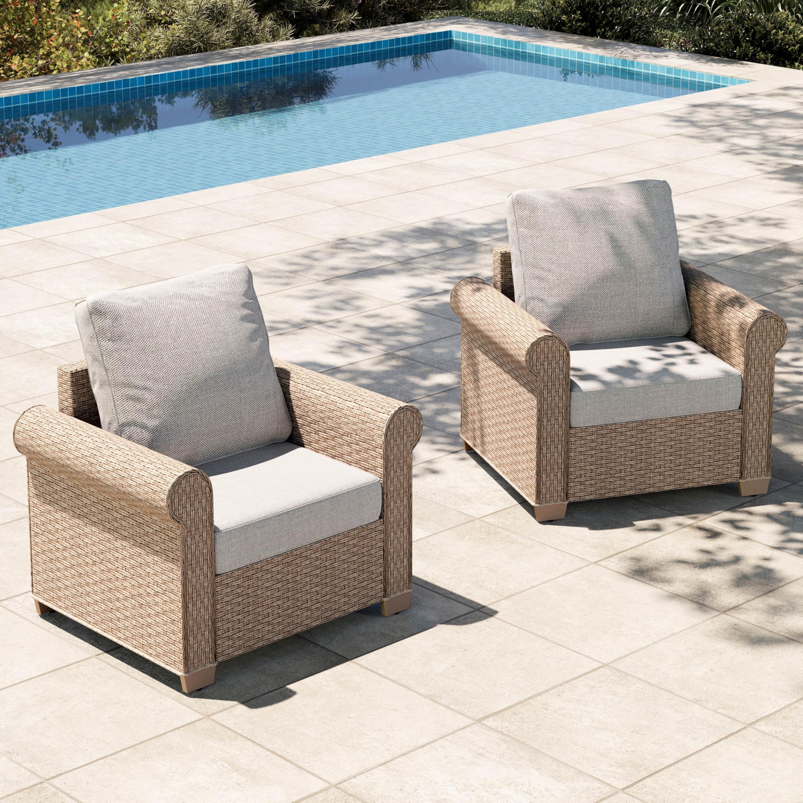 Patio Furniture Set, 2-Piece Outdoor Wicker Chairs with Widened 5.9" Armrests and 5.5" Thick Waterproof Cushions, All Weather Conversation Set for Lawn Backyard Garden, Beige