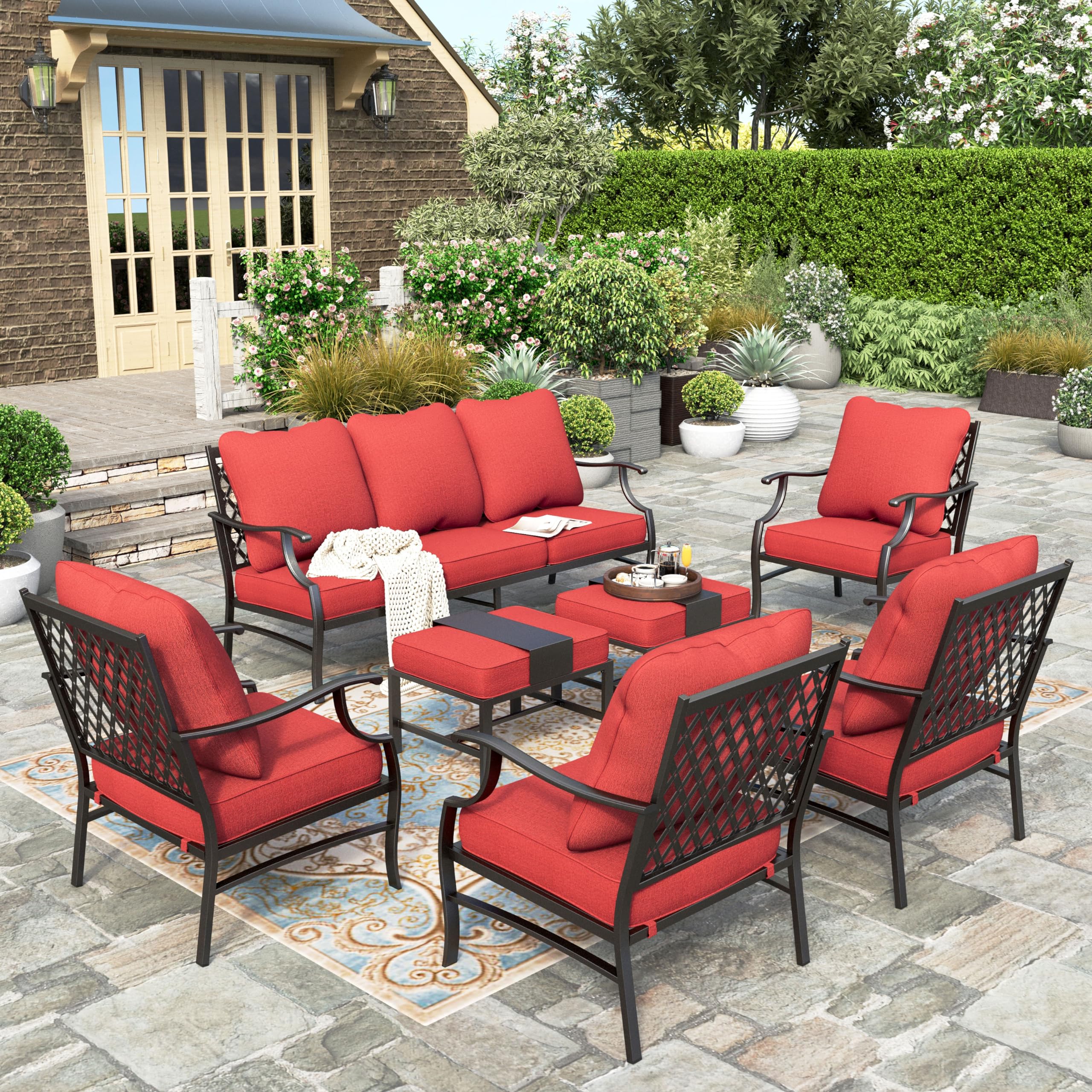 7 Piece Patio Furniture Set, 4 x Leg Chair, 2 x Cushioned Ottoman, 1 x 3-Seat Sofa, All Cushioned 9 Seats Metal Outdoor Conversation Set for Lawn Garden Backyard