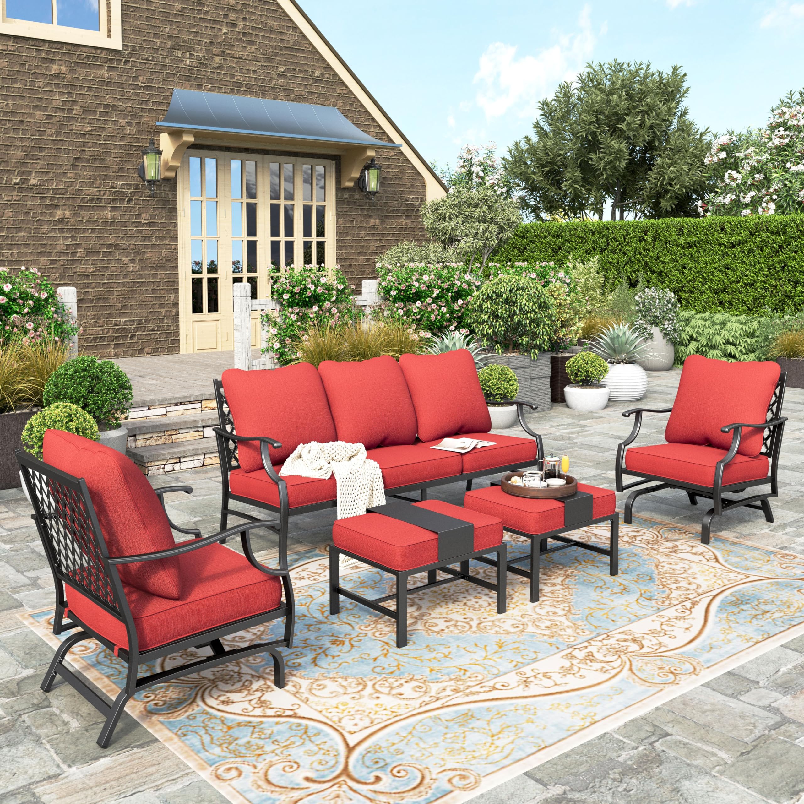 5 Pieces Patio Furniture Set, 2 x Rocking Chair, 2 x Ottoman, 1 x 3-Seat Sofa, All Cushioned 7 Seats Metal Outdoor Conversation Set for Lawn Garden Backyard