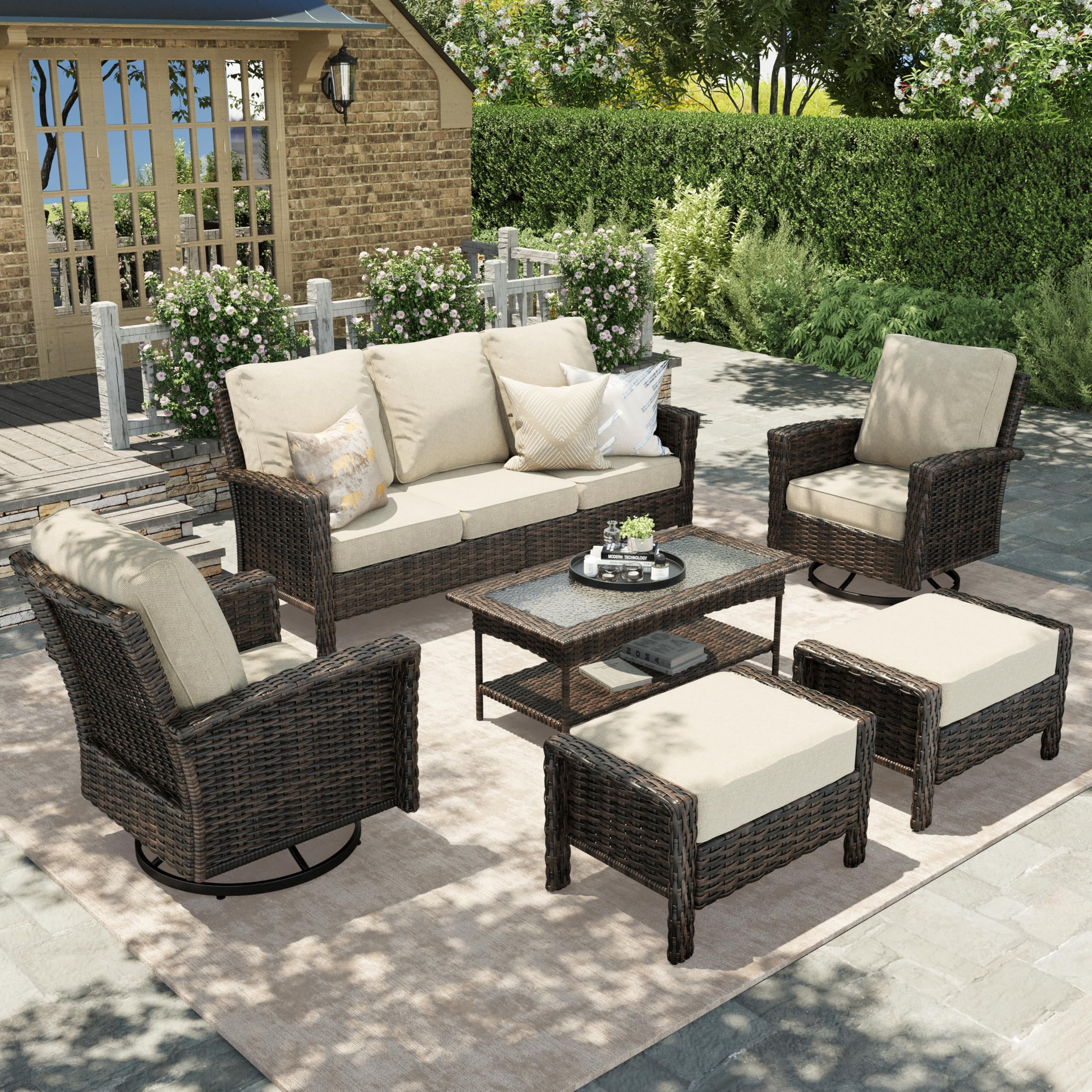 Patio Furniture Set with 35" High Back Swivel Chairs, Outdoor Wicker Conversation Sofa Sets, 5.5" Thick Cushions for Deck Lawn Poolside Backyard, Beige