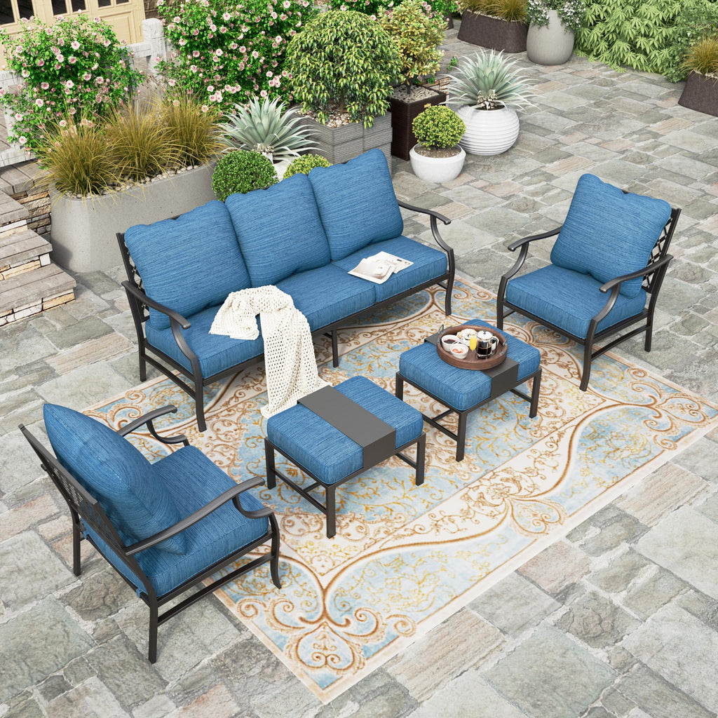 5 Piece Patio Furniture Set, 2 x Leg Chair, 2 x Ottoman, 1 x 3-Seat Sofa, All Cushioned 7 Seats Metal Outdoor Conversation Set for Lawn Garden Backyard