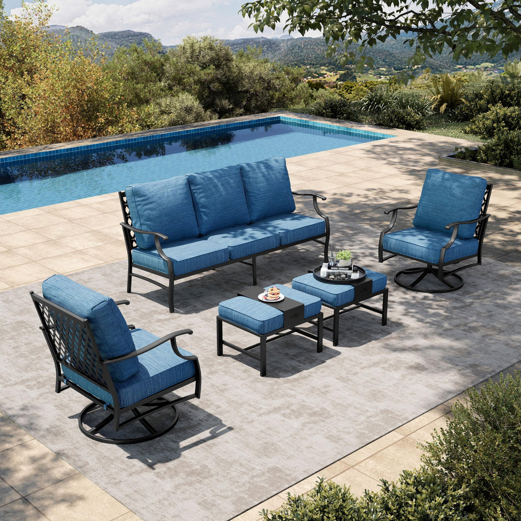 5 Piece Patio Furniture Set, 2 x Swivel Chair, 2 x Ottoman, 1 x 3-Seat Sofa, All Cushioned 7 Seats Metal Outdoor Conversation Set for Lawn Garden Backyard