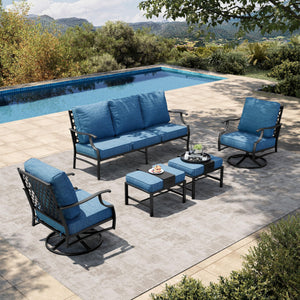 5 Piece Patio Furniture Set, 2 x Swivel Chair, 2 x Ottoman, 1 x 3-Seat Sofa, All Cushioned 7 Seats Metal Outdoor Conversation Set for Lawn Garden Backyard