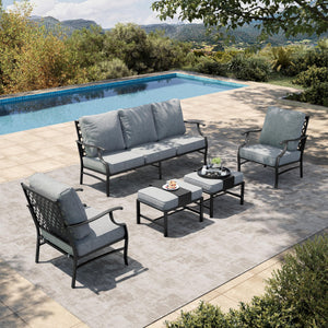 5 Piece Patio Furniture Set, 2 x Cushioned Metal Chair, 2 x Ottoman, 1 x 3-Seat Sofa, All Cushioned 7 Seats Outdoor Conversation Set for Lawn Garden Backyard, Grey