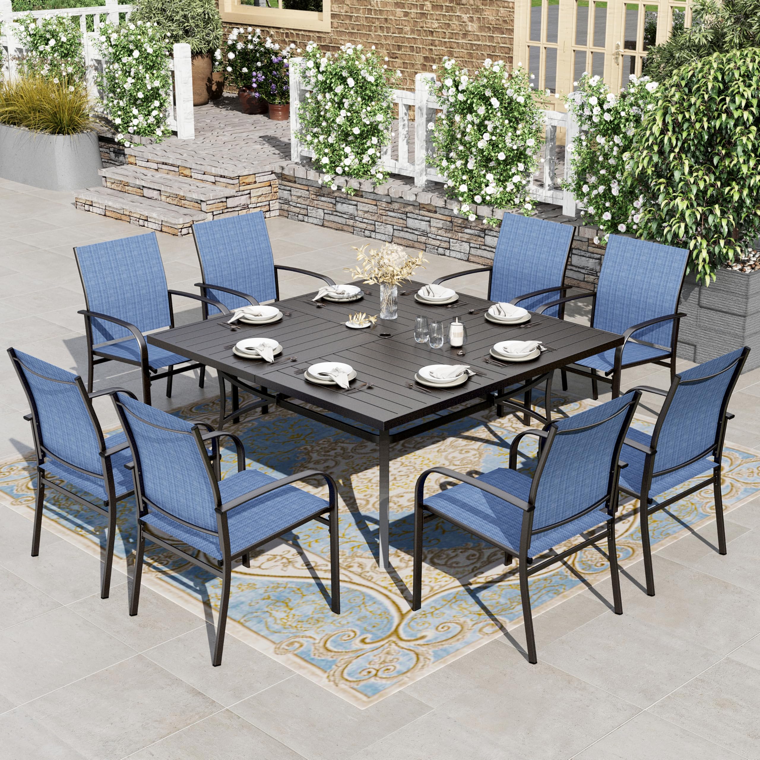 9 Pieces Patio Dining Sets, Outdoor Table and Chairs Set of 8, 8 x Blue Textilene Dining Chair, 60" Square Metal Dining Table with 1.57" Umbrella Hole for Lawn Garden Backyard Deck