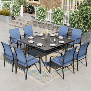 9 Pieces Patio Dining Sets, Outdoor Table and Chairs Set of 8, 8 x Blue Textilene Dining Chair, 60