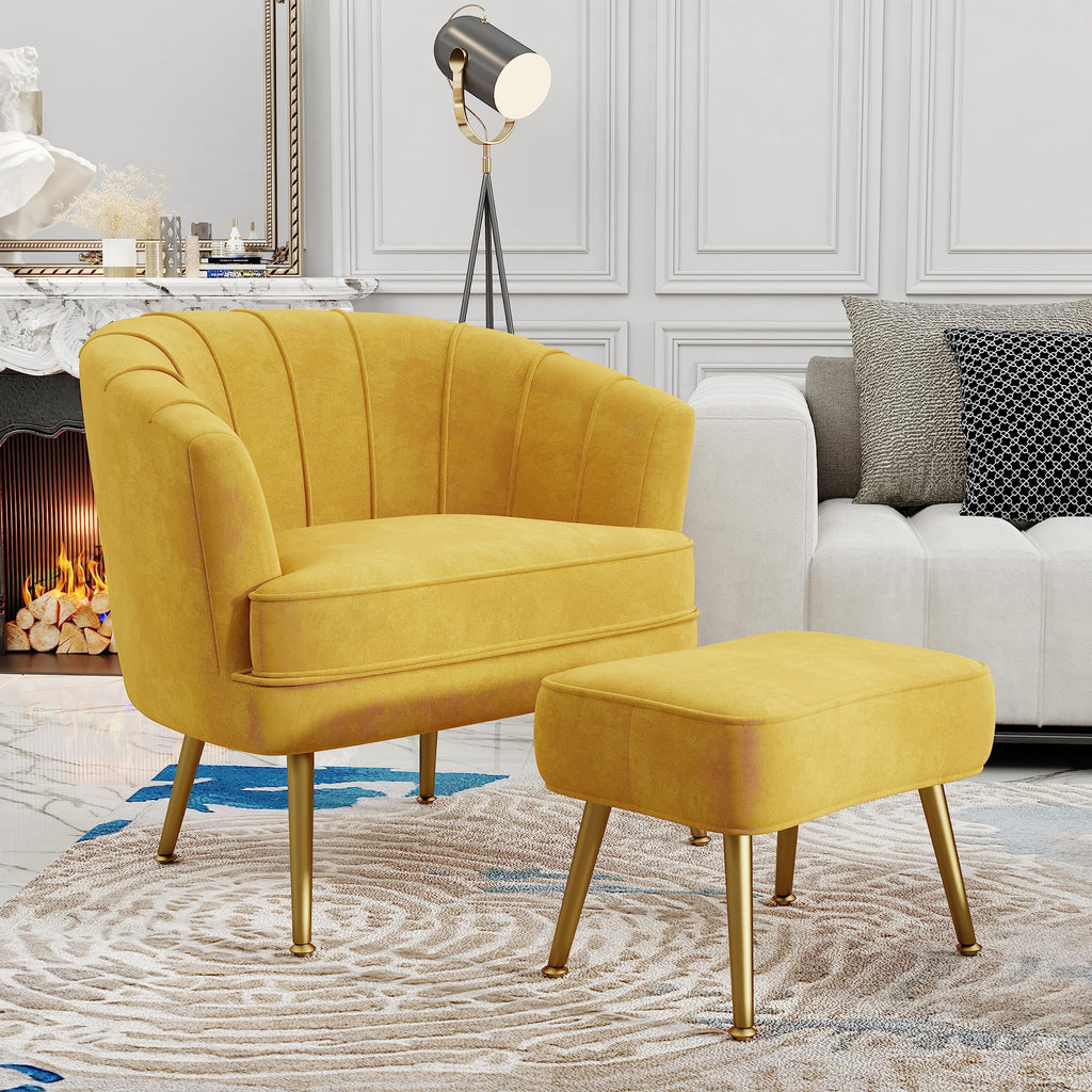 Velvet Accent Chair with Ottoman, Upholstered Modern Single Sofa Side Chair,Comfy Barrel Club Living Room Armchair with Golden Metal Legs for Bedroom Living Reading Room Office, Yellow