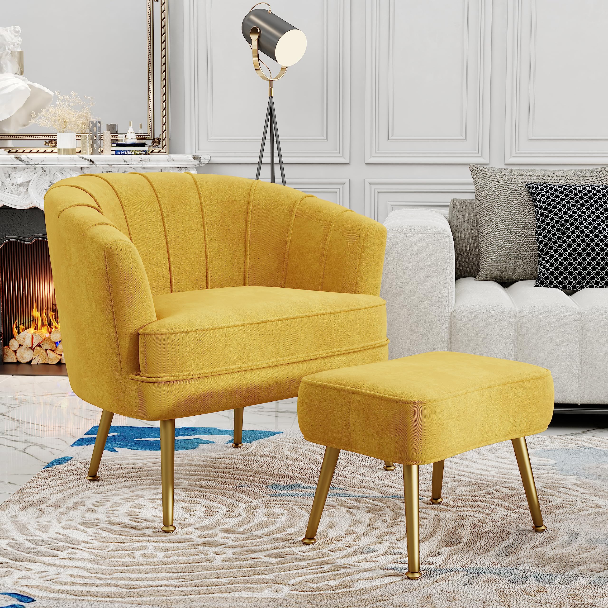 Velvet Accent Chair with Ottoman, Upholstered Modern Single Sofa Side Chair,Comfy Barrel Club Living Room Armchair with Golden Metal Legs for Bedroom Living Reading Room Office, Yellow