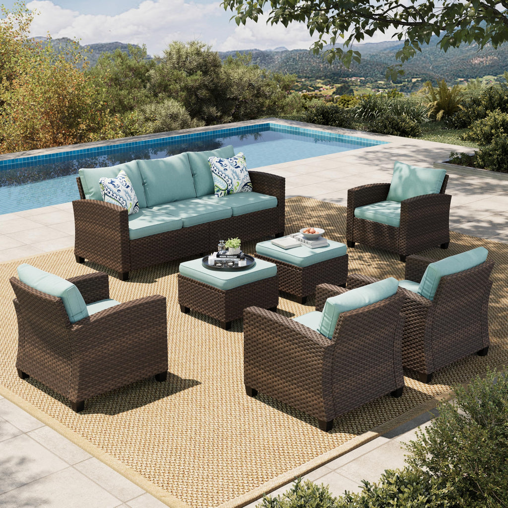 Outdoor Patio Furniture Set, 7 Pieces Wicker Patio Conversation Sets, Outside Sectional Deep Seating Sofa Set for Lawn Backyard Porch, Brown/Blue