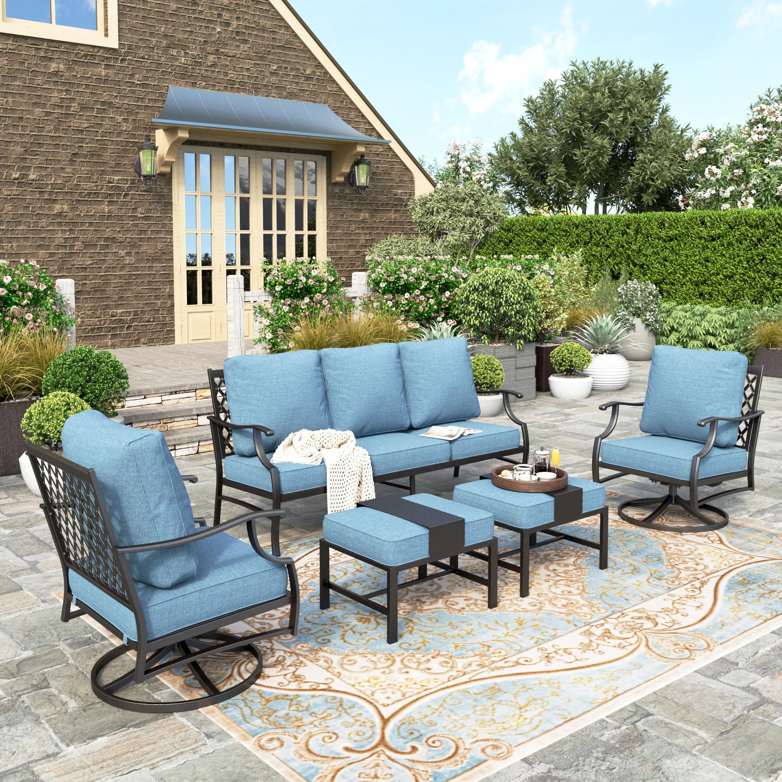 5 Piece Patio Furniture Set, 2 x Swivel Chair, 2 x Ottoman, 1 x 3-Seat Sofa, All Cushioned 7 Seats Metal Outdoor Conversation Set for Lawn Garden Backyard